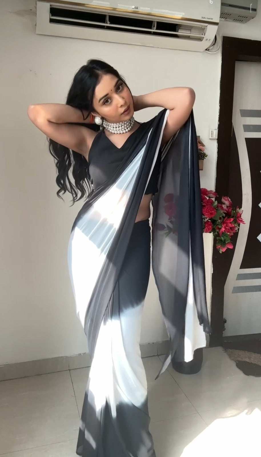 Pure Black & White Ombre Soft Georgette Bandhani Digital Print Ready To Wear Saree