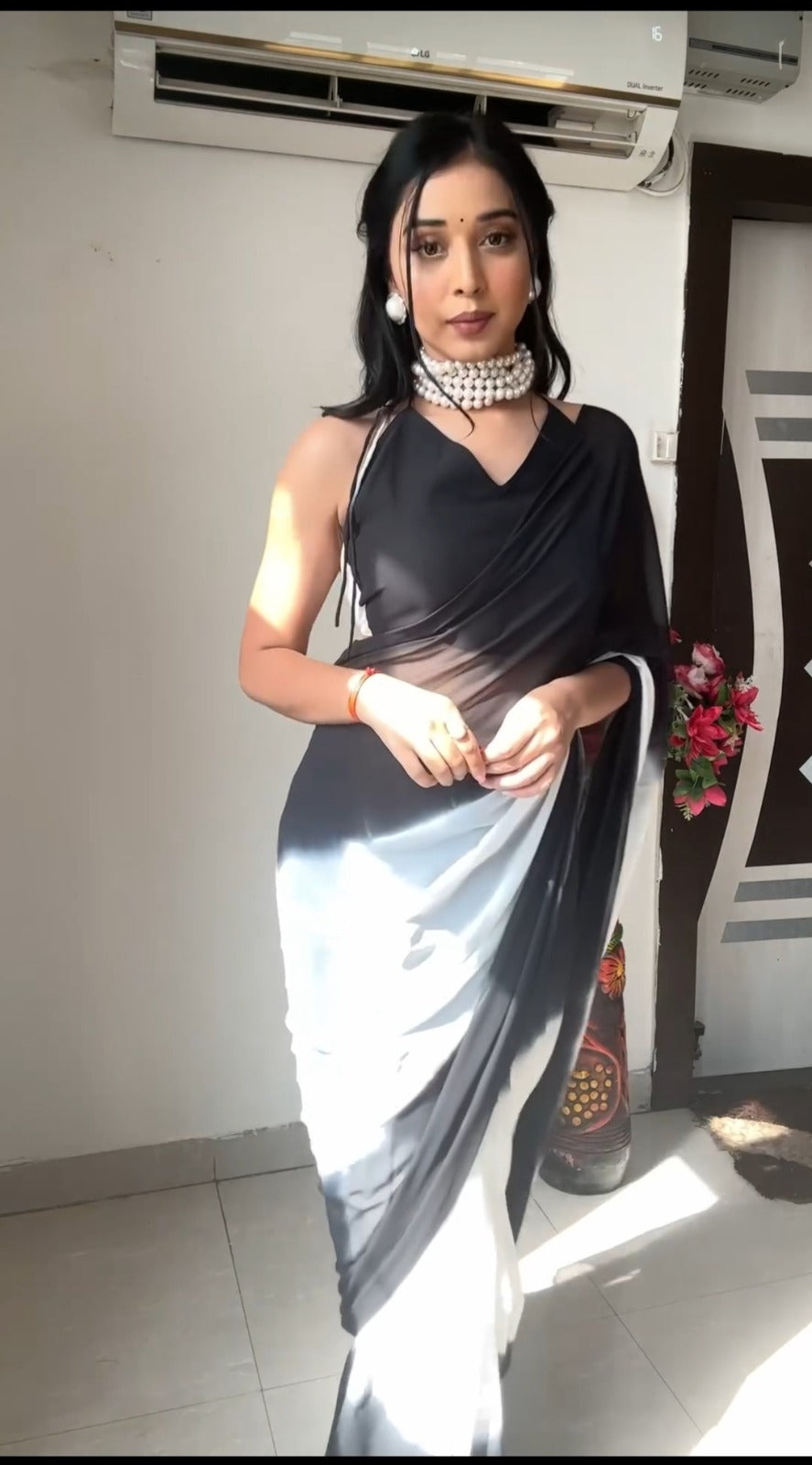 Pure Black & White Ombre Soft Georgette Bandhani Digital Print Ready To Wear Saree
