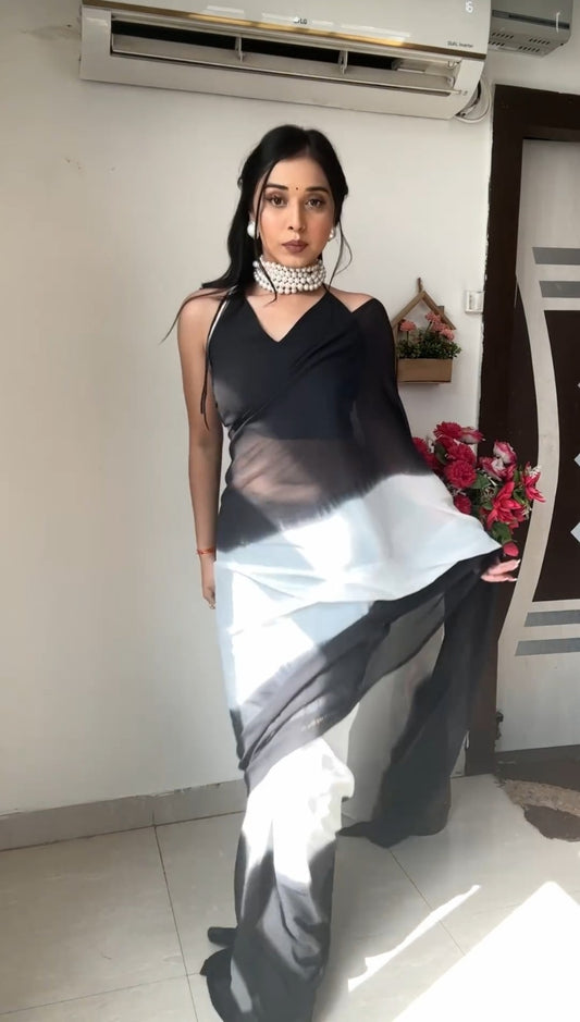Pure Black & White Ombre Soft Georgette Bandhani Digital Print Ready To Wear Saree