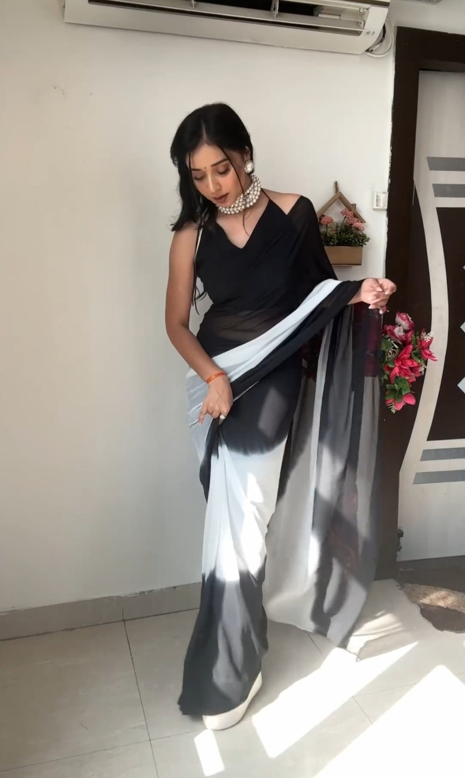 Pure Black & White Ombre Soft Georgette Bandhani Digital Print Ready To Wear Saree