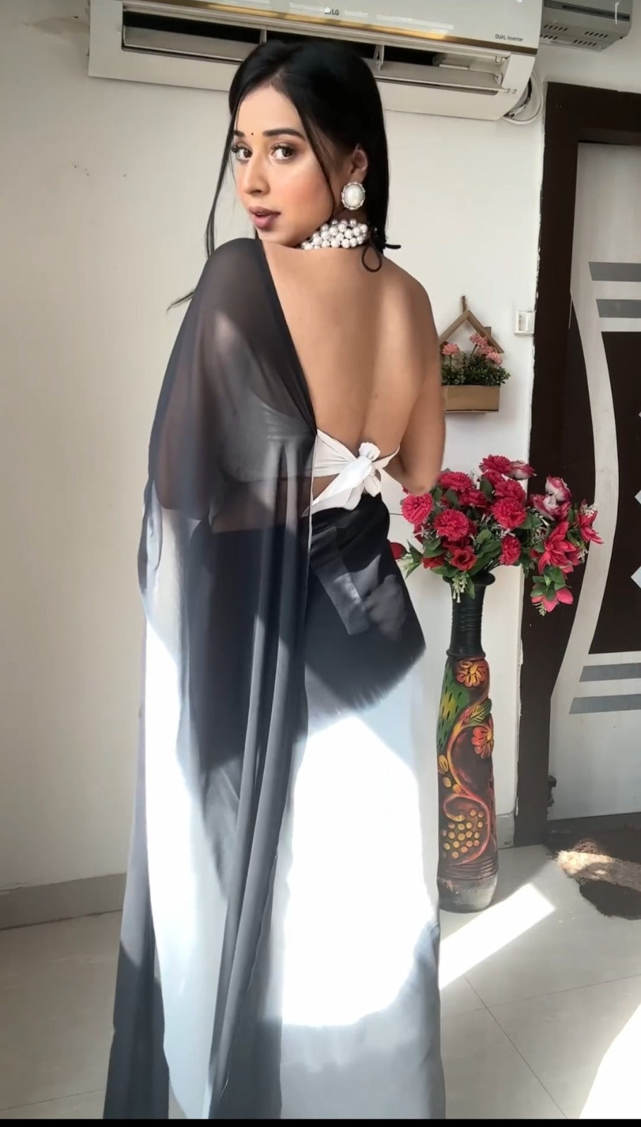 Pure Black & White Ombre Soft Georgette Bandhani Digital Print Ready To Wear Saree