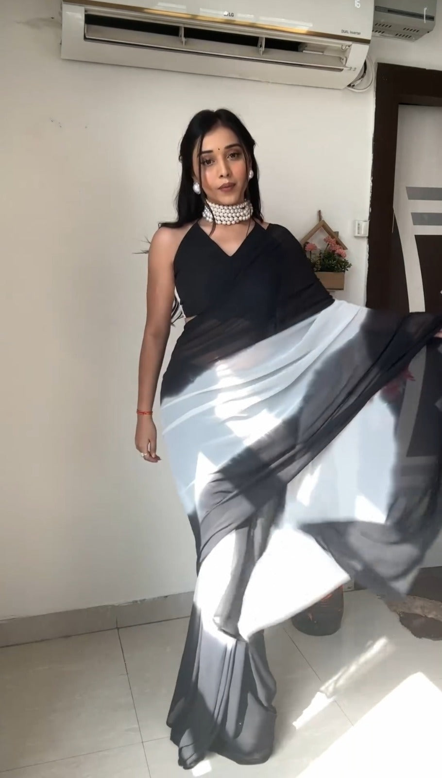 Pure Black & White Ombre Soft Georgette Bandhani Digital Print Ready To Wear Saree