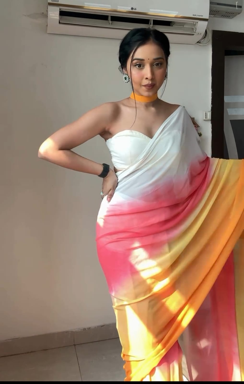 Pure White, Pink & Orange Ombre Soft Georgette Bandhani Digital Print Ready To Wear Saree