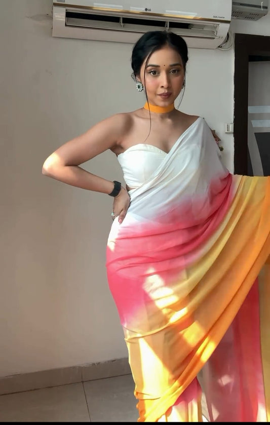 Pure White, Pink & Orange Ombre Soft Georgette Bandhani Digital Print Ready To Wear Saree