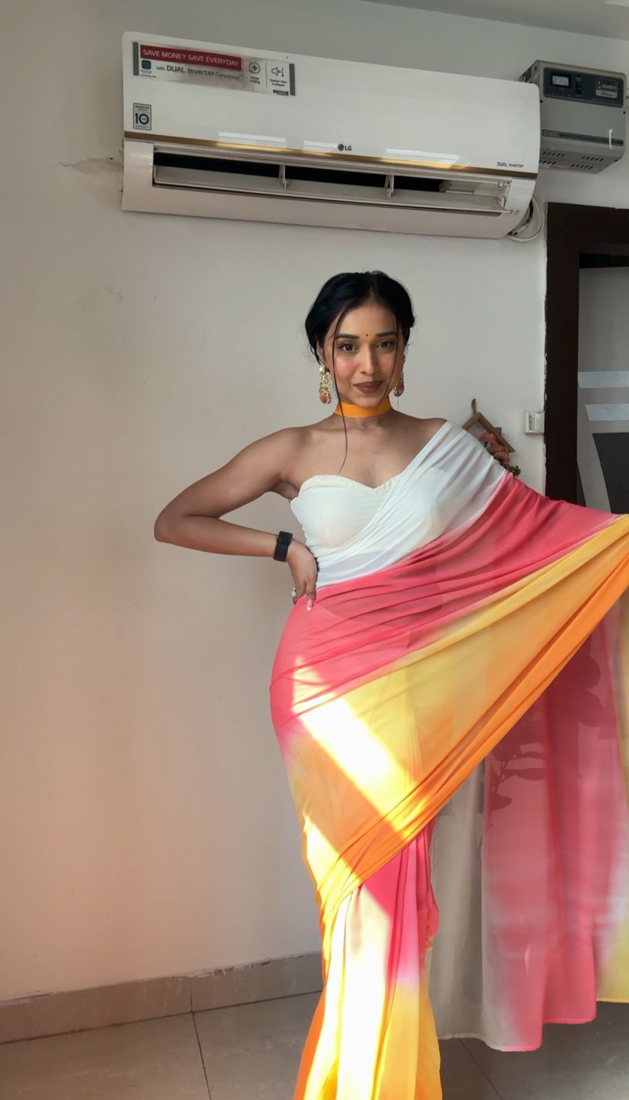 Pure White, Pink & Orange Ombre Soft Georgette Bandhani Digital Print Ready To Wear Saree