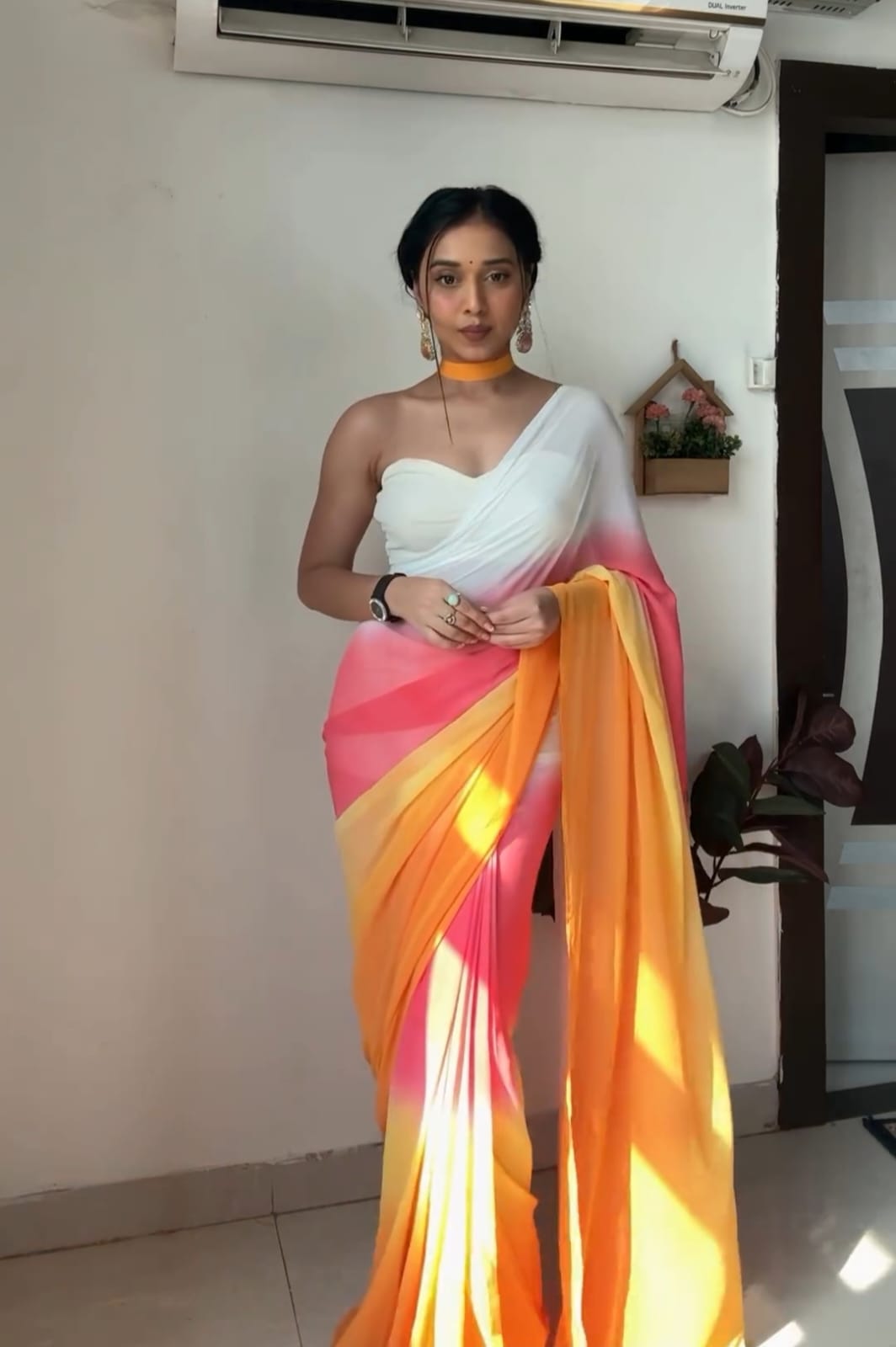 Pure White, Pink & Orange Ombre Soft Georgette Bandhani Digital Print Ready To Wear Saree