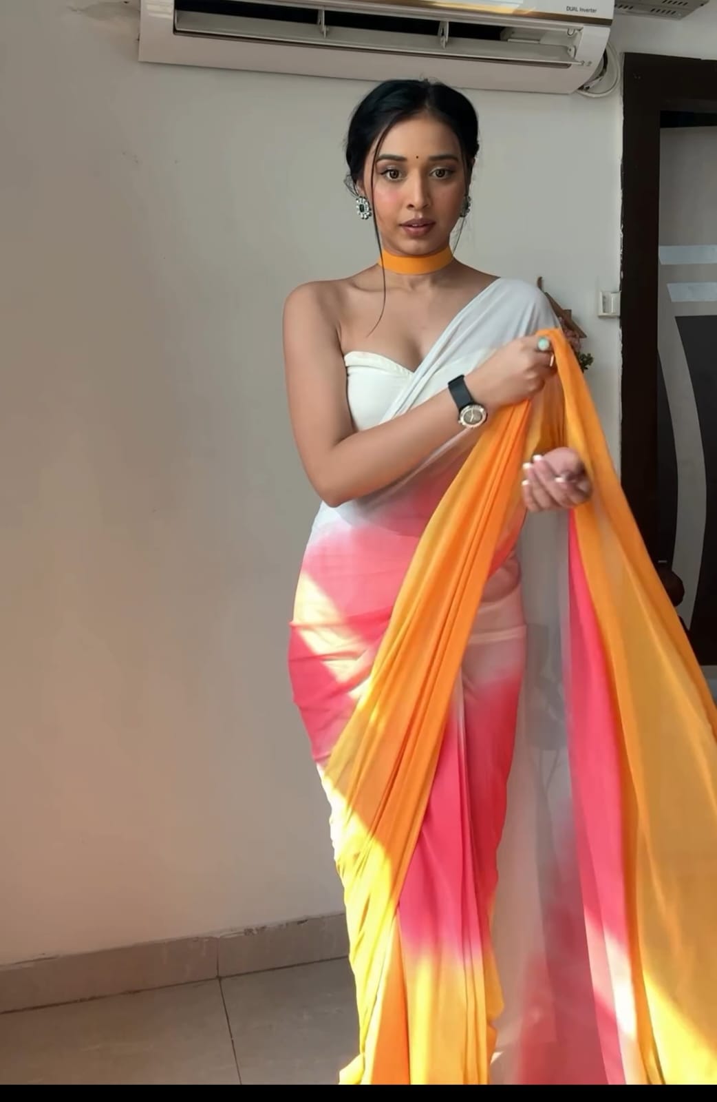 Pure White, Pink & Orange Ombre Soft Georgette Bandhani Digital Print Ready To Wear Saree