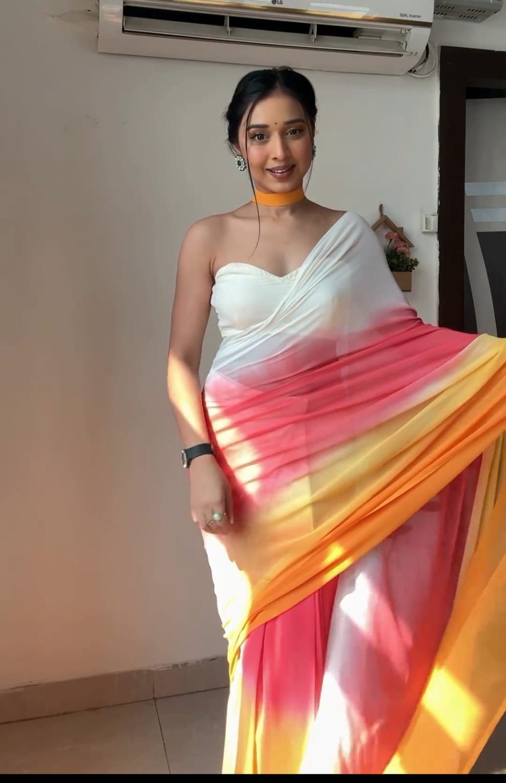 Pure White, Pink & Orange Ombre Soft Georgette Bandhani Digital Print Ready To Wear Saree