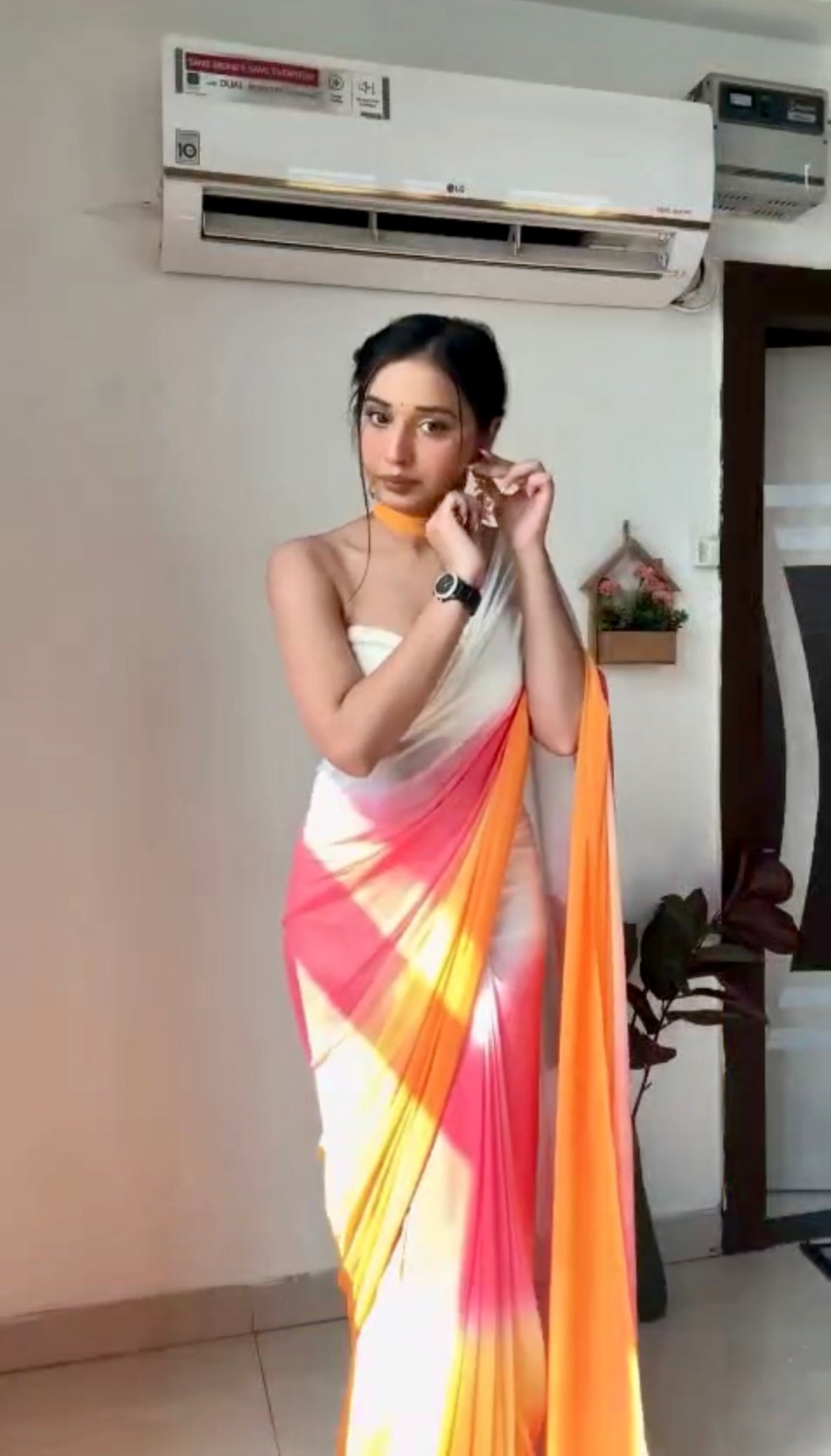 Pure White, Pink & Orange Ombre Soft Georgette Bandhani Digital Print Ready To Wear Saree