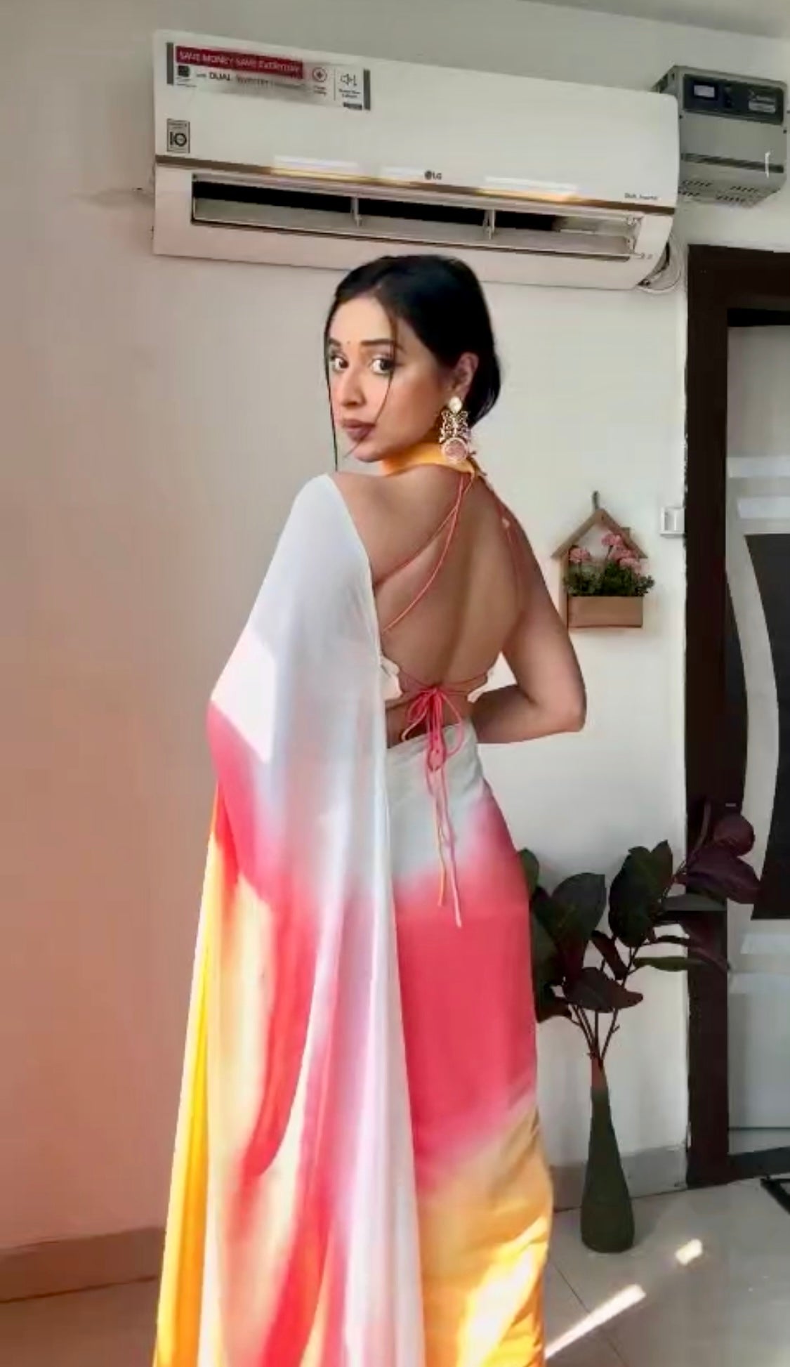 Pure White, Pink & Orange Ombre Soft Georgette Bandhani Digital Print Ready To Wear Saree