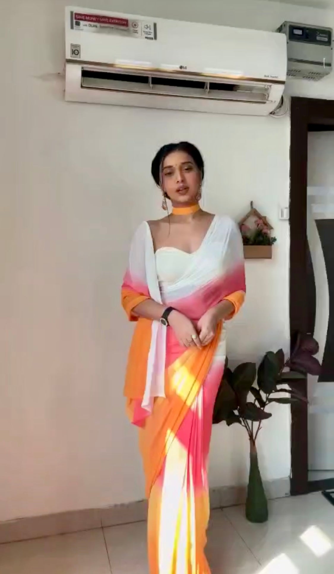 Pure White, Pink & Orange Ombre Soft Georgette Bandhani Digital Print Ready To Wear Saree