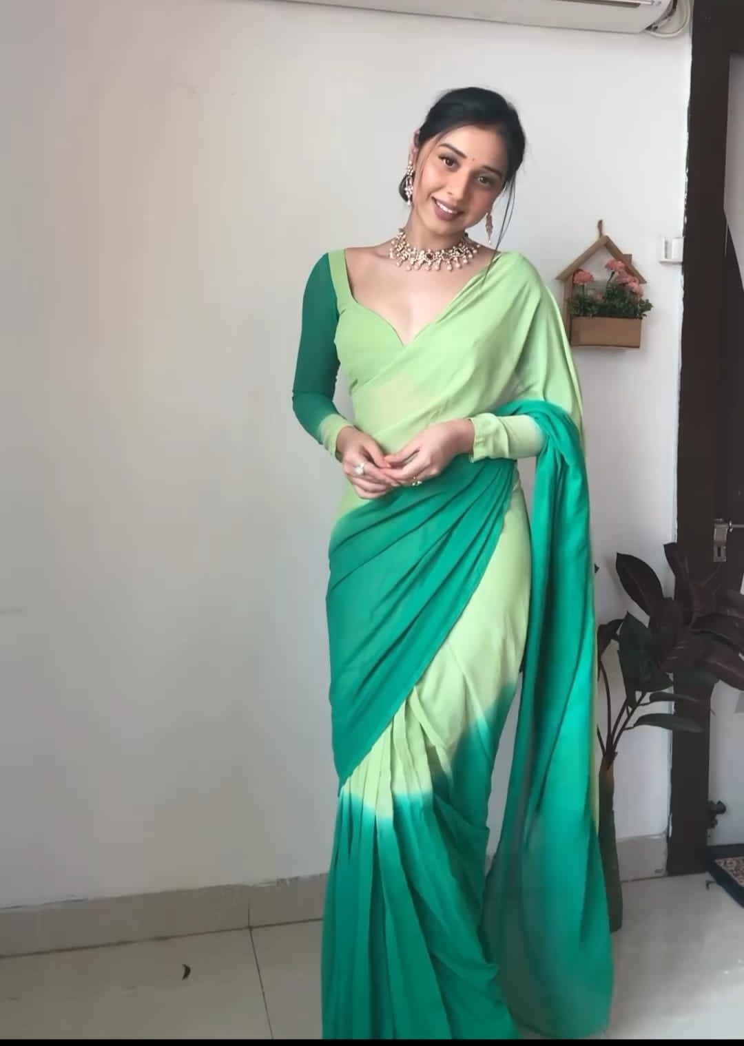 Pure Mint & Teal Ombre Soft Georgette Bandhani Digital Print Ready To Wear Saree