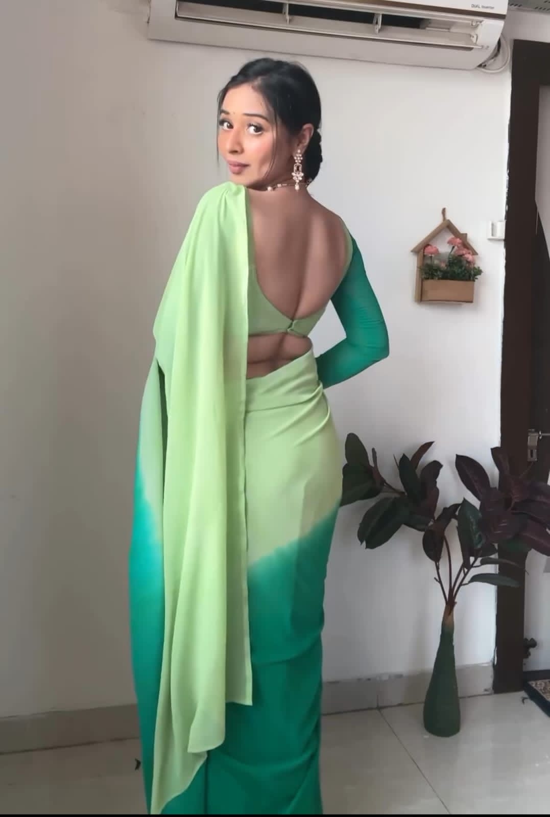Pure Mint & Teal Ombre Soft Georgette Bandhani Digital Print Ready To Wear Saree