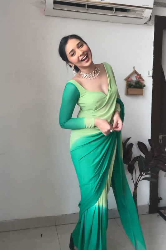 Pure Mint & Teal Ombre Soft Georgette Bandhani Digital Print Ready To Wear Saree