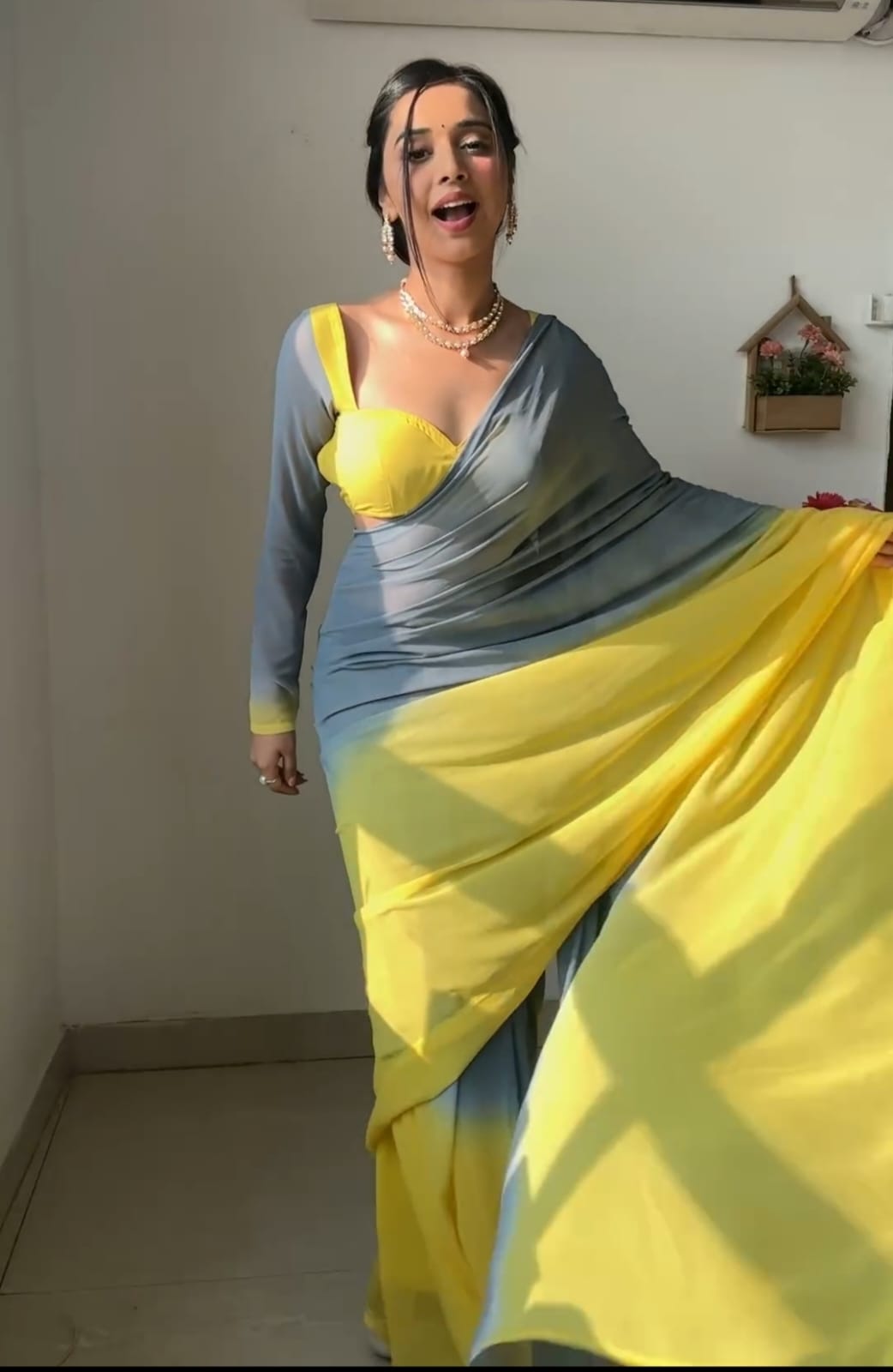 Pure Grey & Yellow Ombre Soft Georgette Bandhani Digital Print Ready To Wear Saree