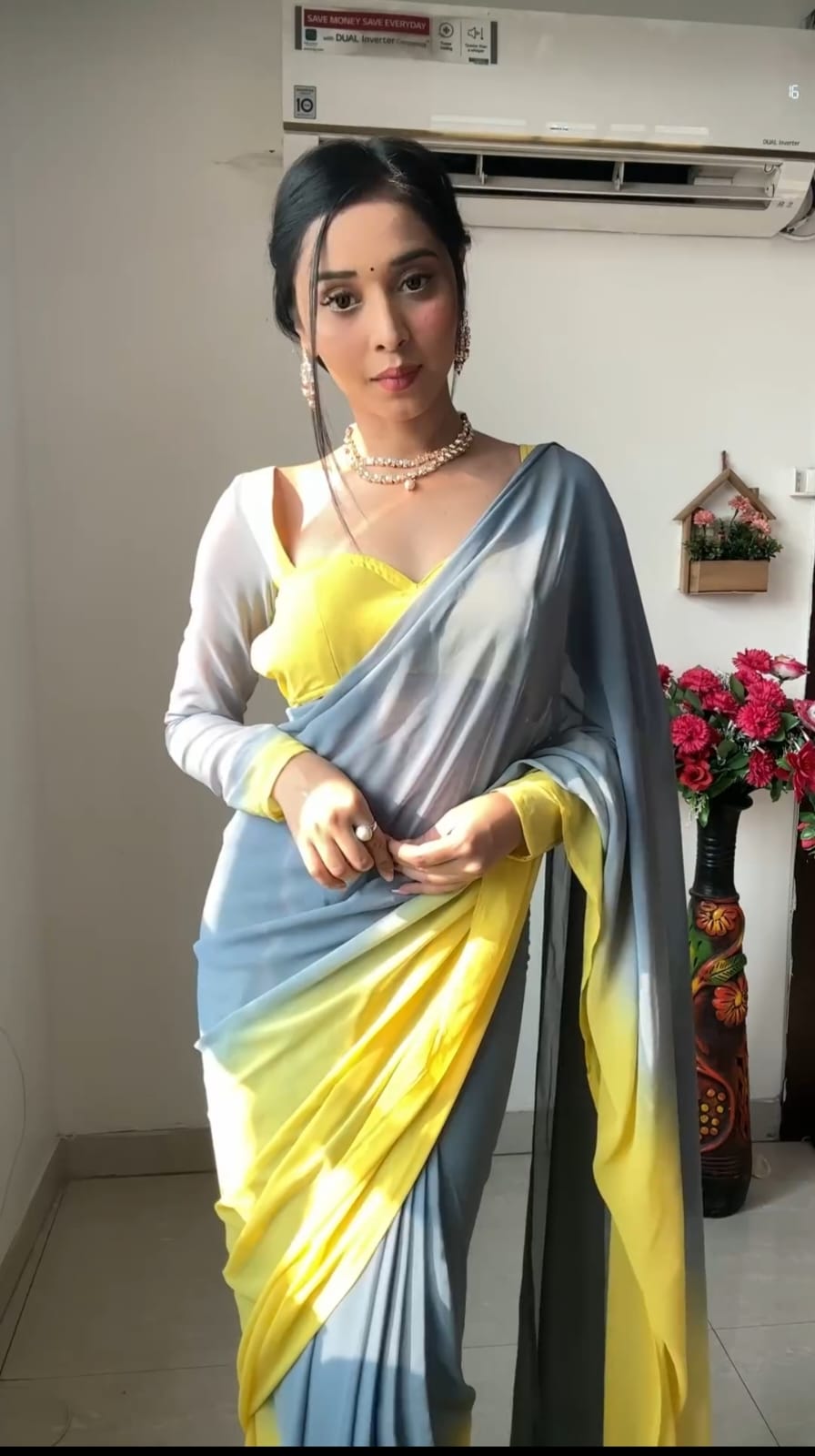 Pure Grey & Yellow Ombre Soft Georgette Bandhani Digital Print Ready To Wear Saree