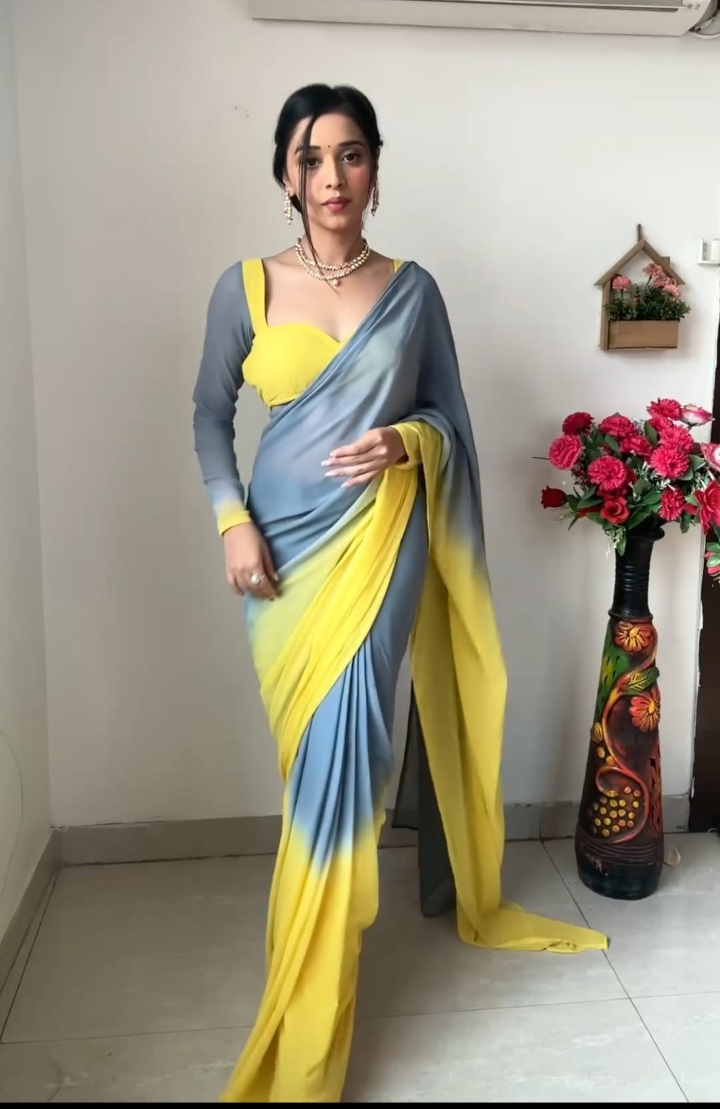 Pure Grey & Yellow Ombre Soft Georgette Bandhani Digital Print Ready To Wear Saree