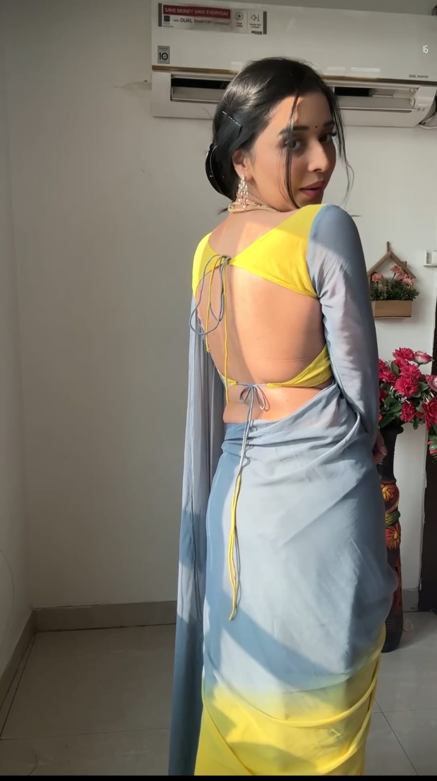 Pure Grey & Yellow Ombre Soft Georgette Bandhani Digital Print Ready To Wear Saree
