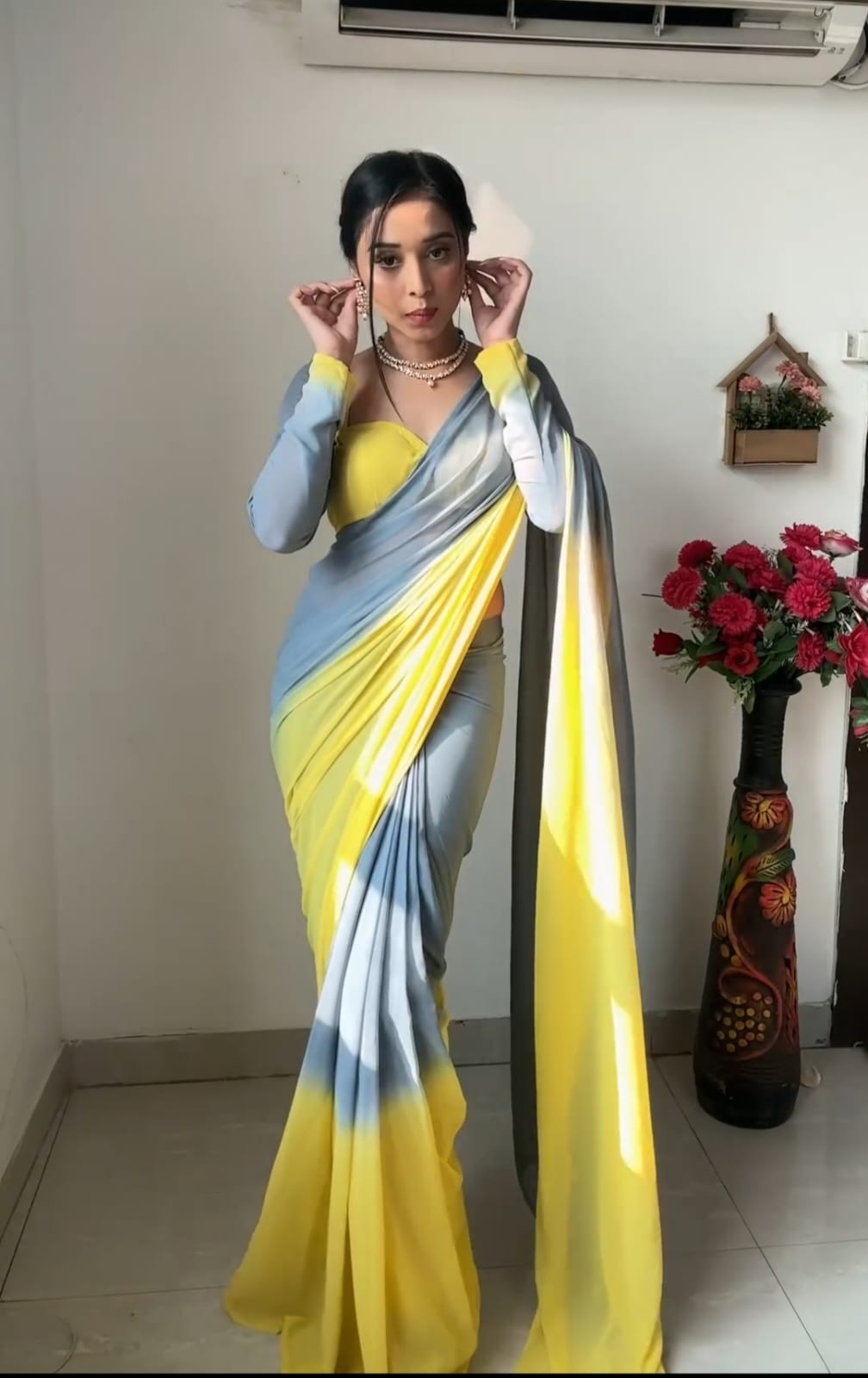 Pure Grey & Yellow Ombre Soft Georgette Bandhani Digital Print Ready To Wear Saree