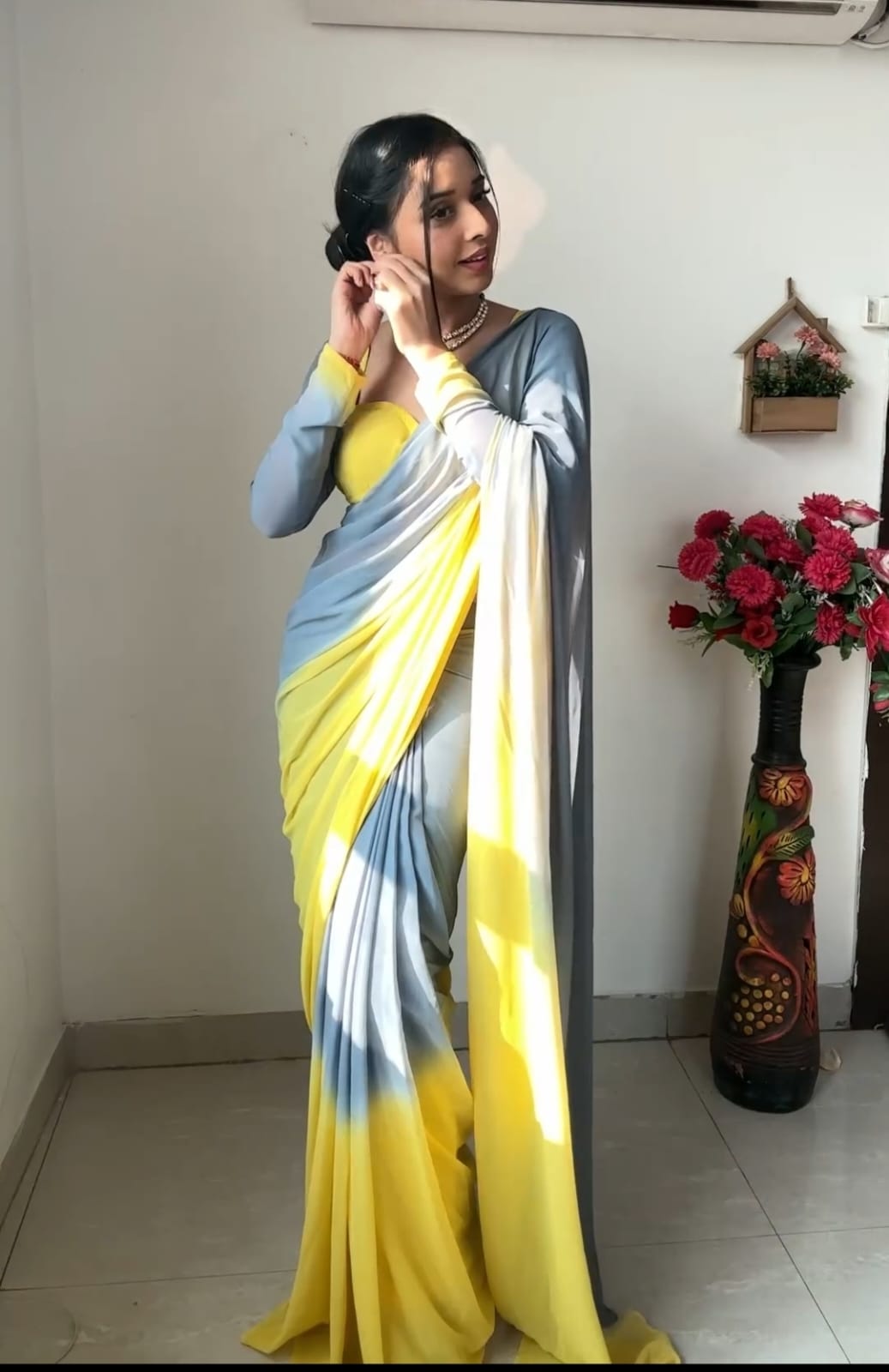 Pure Grey & Yellow Ombre Soft Georgette Bandhani Digital Print Ready To Wear Saree