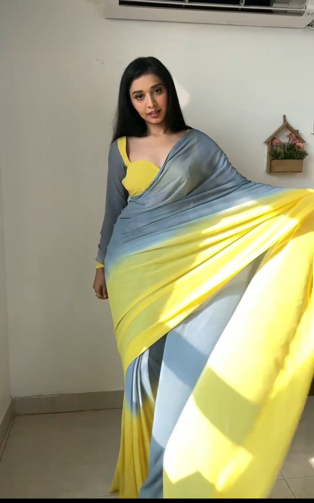 Pure Grey & Yellow Ombre Soft Georgette Bandhani Digital Print Ready To Wear Saree