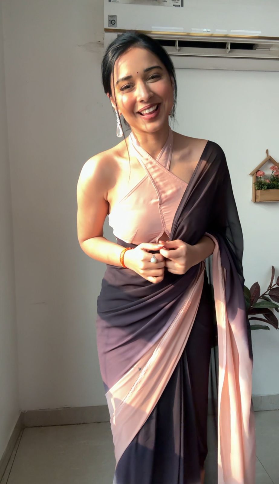 Pure Charcoal Mauve Ombre Soft Georgette Bandhani Digital Print Ready To Wear Saree –