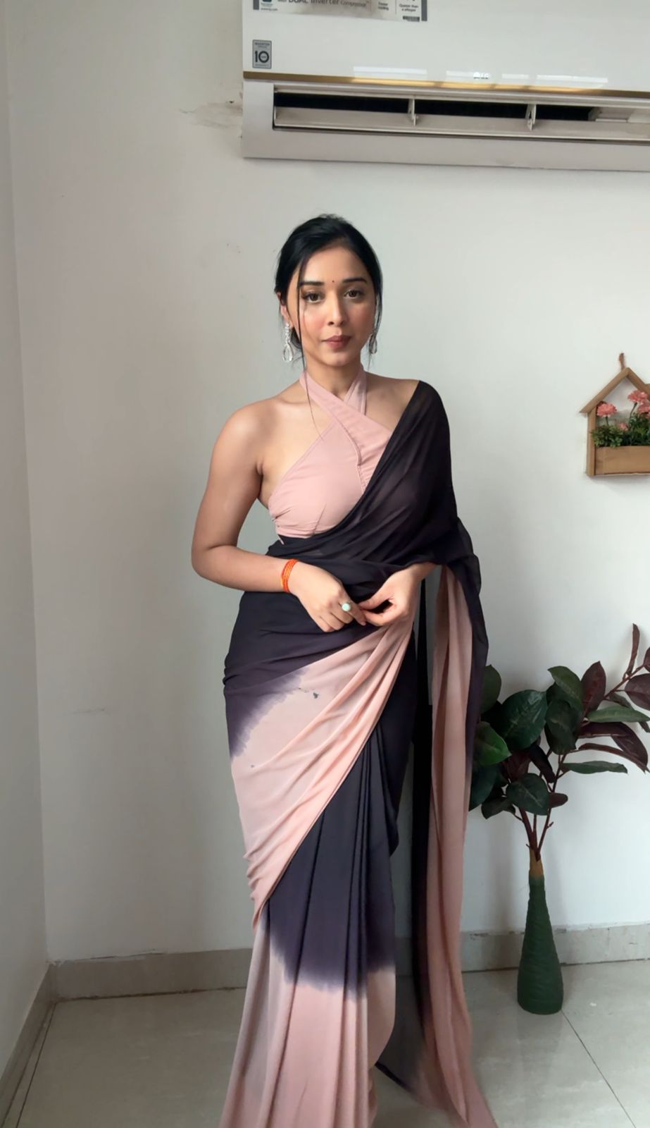 Pure Charcoal Mauve Ombre Soft Georgette Bandhani Digital Print Ready To Wear Saree –