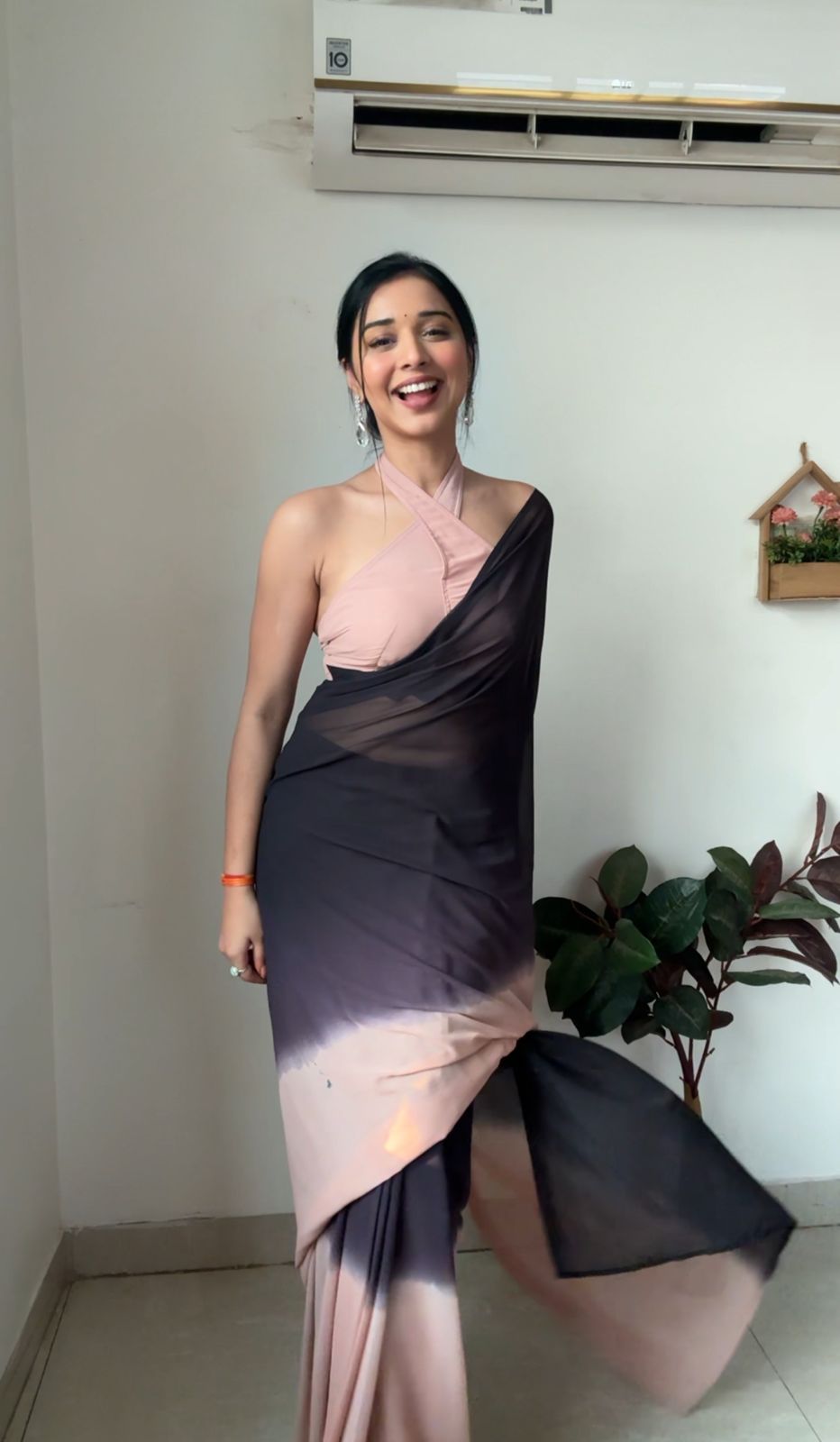 Pure Charcoal Mauve Ombre Soft Georgette Bandhani Digital Print Ready To Wear Saree –