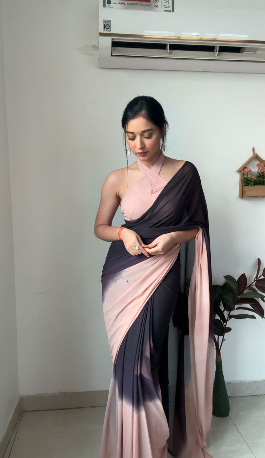 Pure Charcoal Mauve Ombre Soft Georgette Bandhani Digital Print Ready To Wear Saree –
