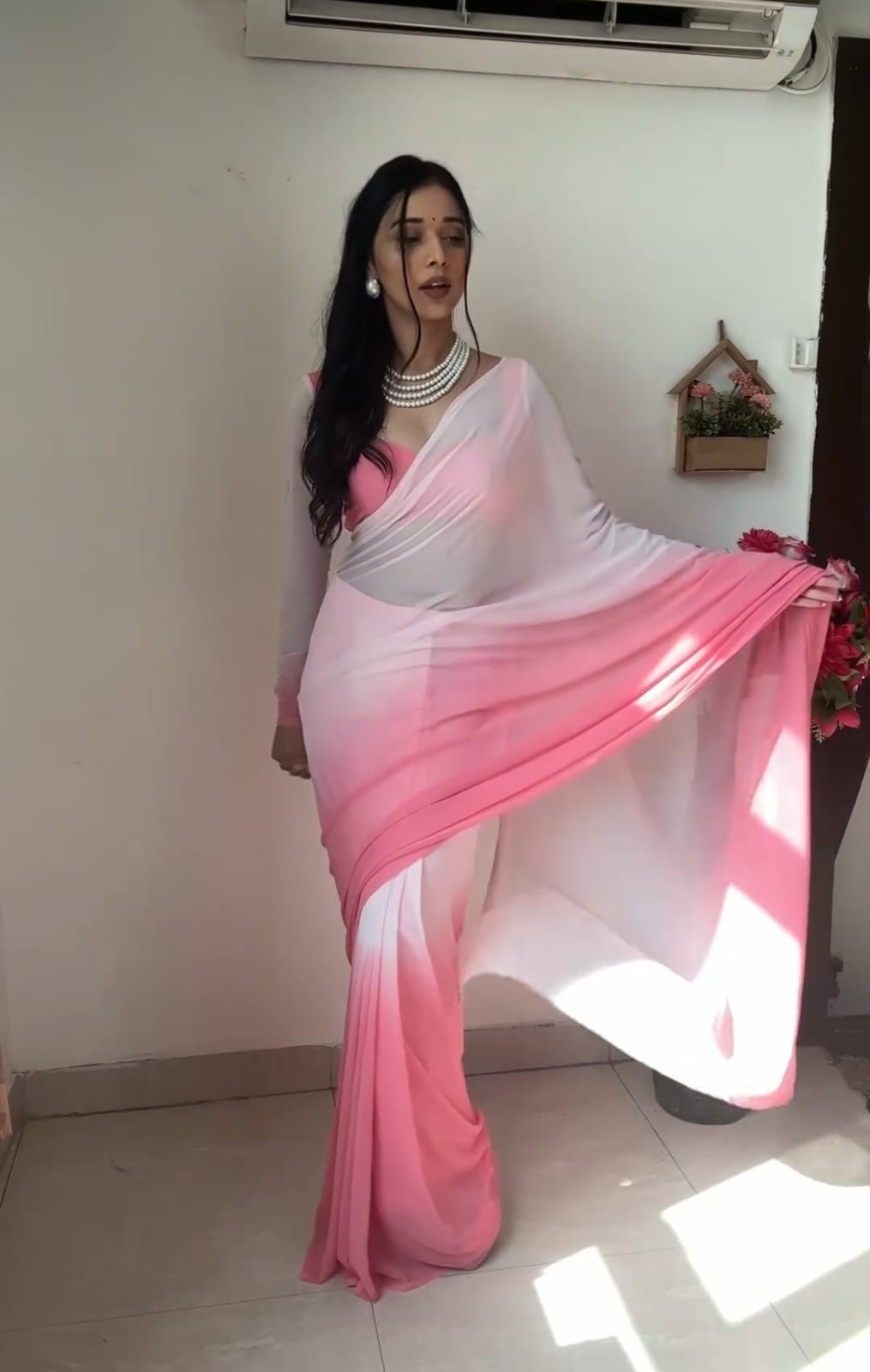 Pure Pink Ombre Soft Georgette Bandhani  Ready To Wear Saree