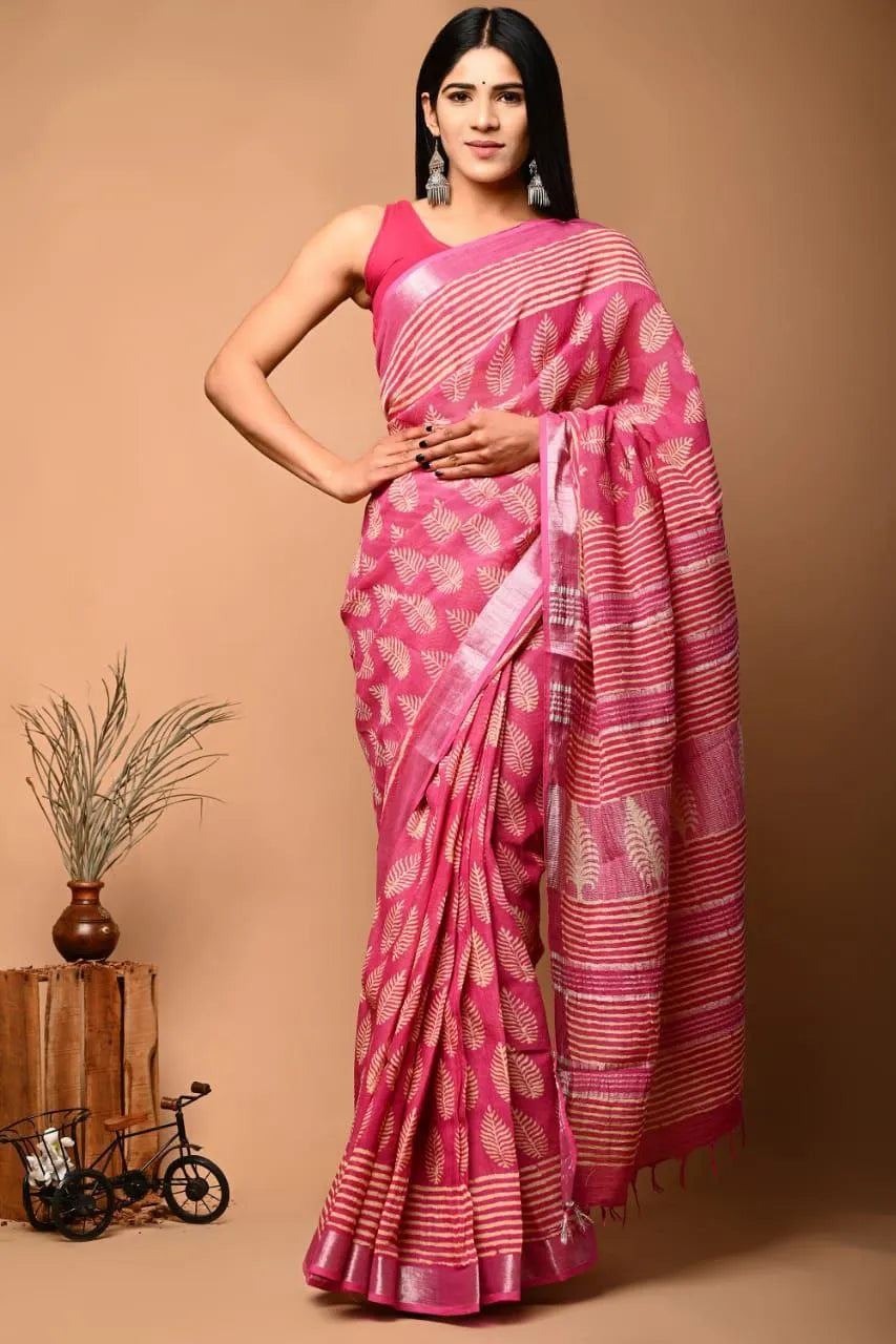 Pure Linen Silk Saree – Traditional Digital Print Pallu & Zari Border with Matching Blouse