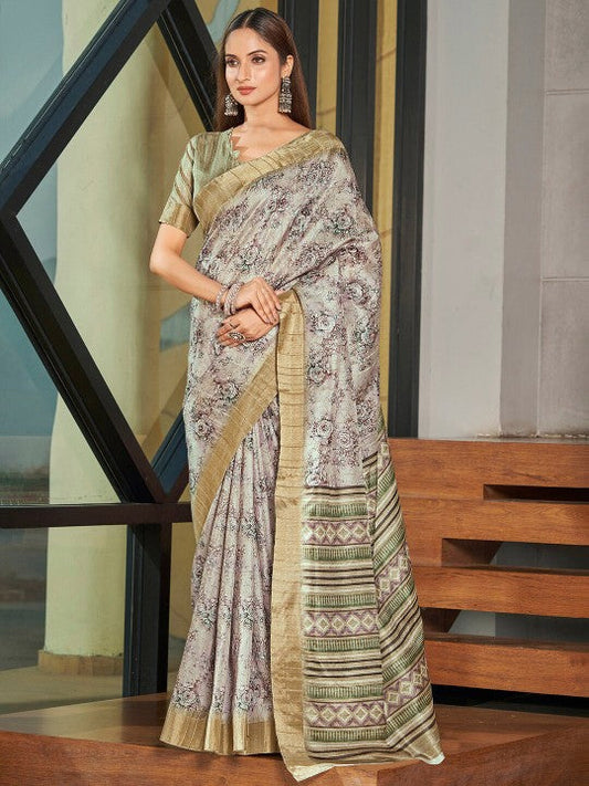 Function Ready Saree Grey Pure Soft Art Silk With Pattu Print Design | Premium Collection