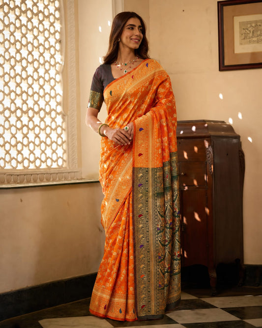 Orange Jacquard Paithani-Pattern Saree with Ornate Contrast Pallu