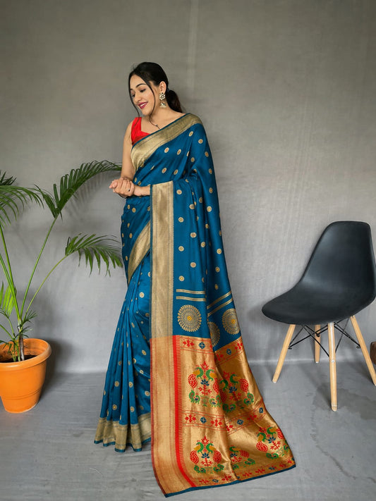 Teal Blue Jacquard Paithani-Pattern Saree with Peacock Pallu