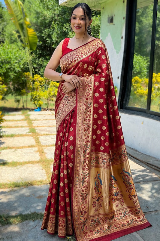 Maroon Jacquard Paithani-Pattern Saree with Gold-Tone Peacock Pallu