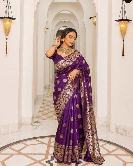 Deep Purple Jacquard Paithani-Pattern Saree with Ornate Floral Border