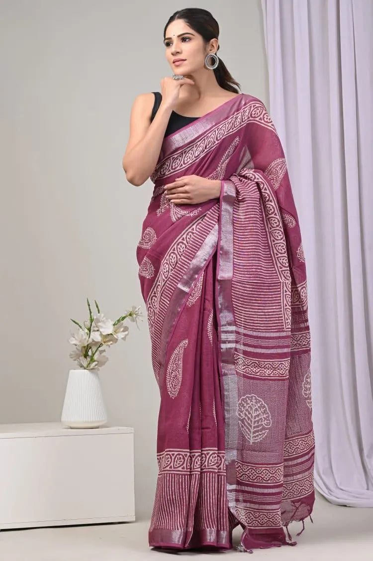 Pure Linen Silk Saree – Traditional Digital Print Pallu & Zari Border with Matching Blouse