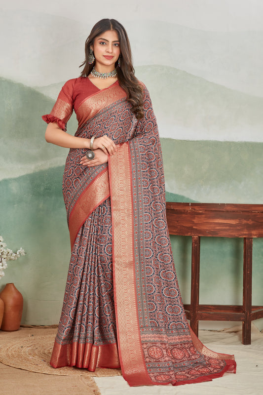Handblock Inspired Batik Saree In Viscose Khadi | Premium Collection