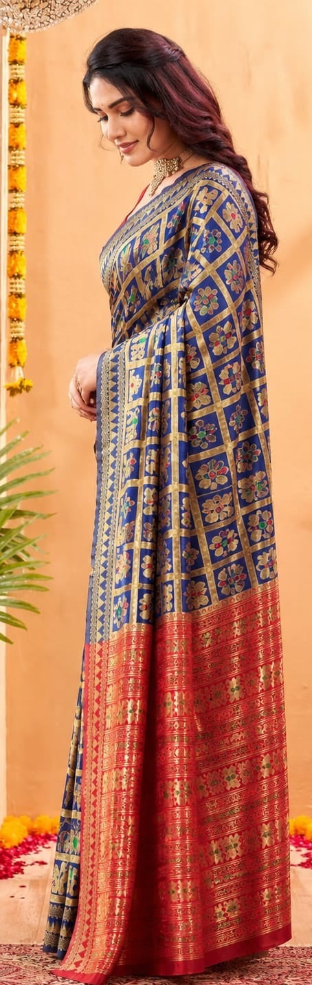 Royal blue jacquard Paithani-pattern saree with gold-tone floral detailing