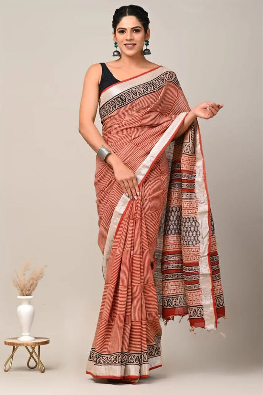 Pure Linen Silk Saree – Traditional Digital Print Pallu & Zari Border with Matching Blouse