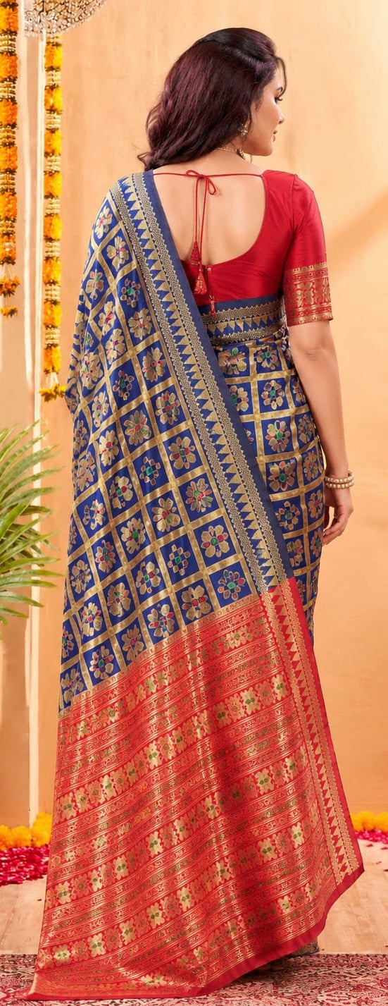 Royal blue jacquard Paithani-pattern saree with contrasting red pallu