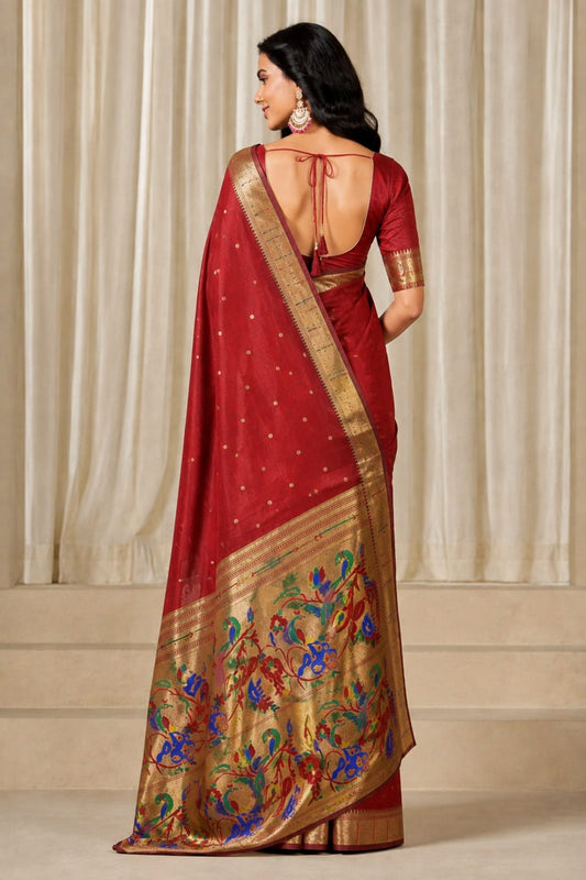 Red Jacquard Paithani-Pattern Saree with Colourful Peacock Pallu