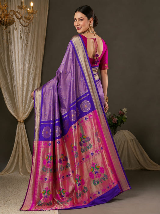 Purple Jacquard Paithani-Pattern Saree with Pink Peacock Pallu