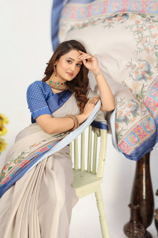 Beige Printed Art Silk Function Saree With Blouse | Premium Collection