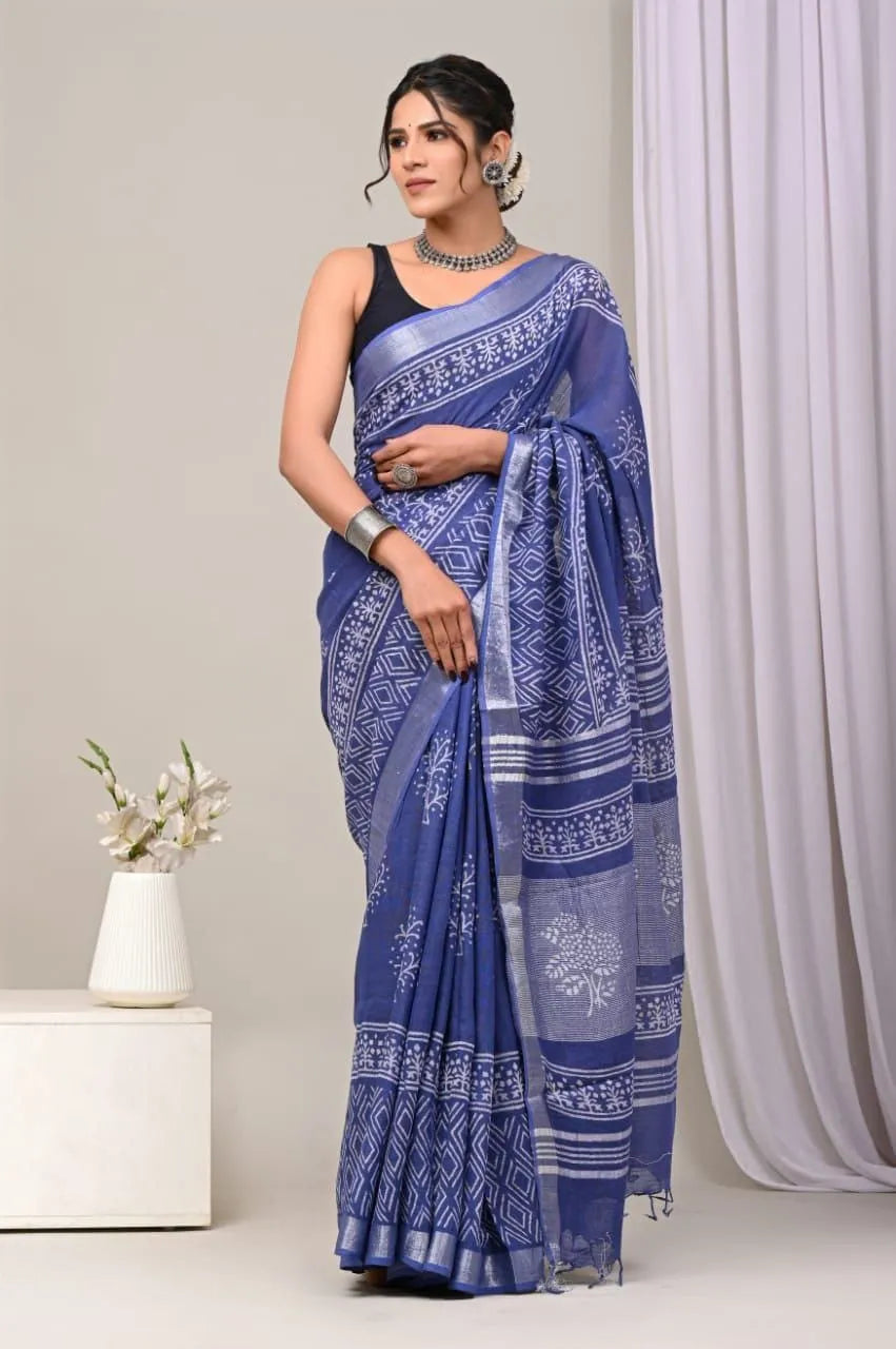 Pure Linen Silk Saree – Traditional Digital Print Pallu & Zari Border with Matching Blouse
