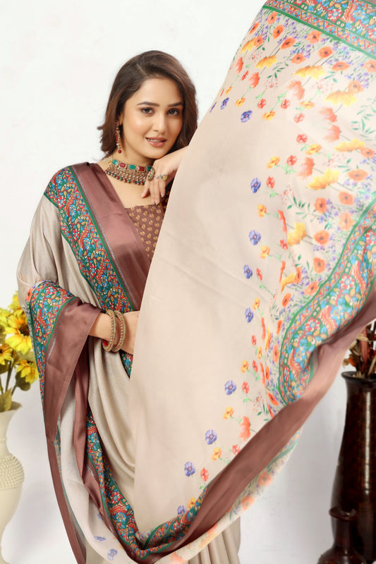 Radiant Cream Printed Art Silk Classic Saree | Premium Collection