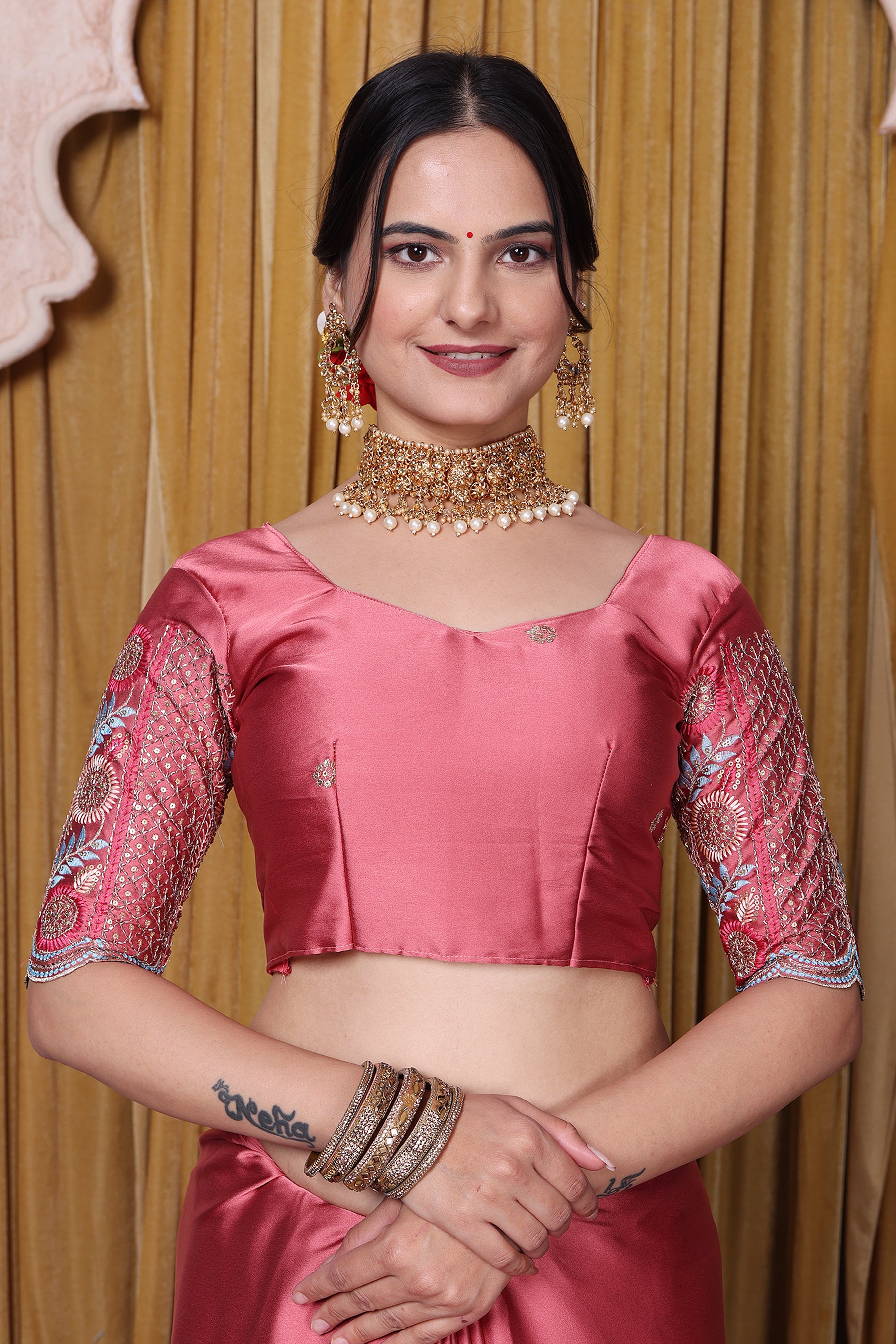 Embroidered Bollywood Satin Saree | Party Wear | Orange