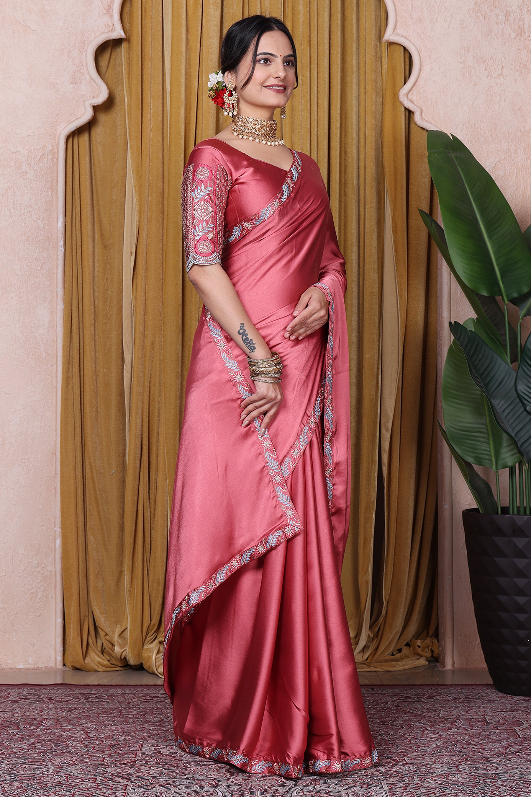 Embroidered Bollywood Satin Saree | Party Wear | Orange