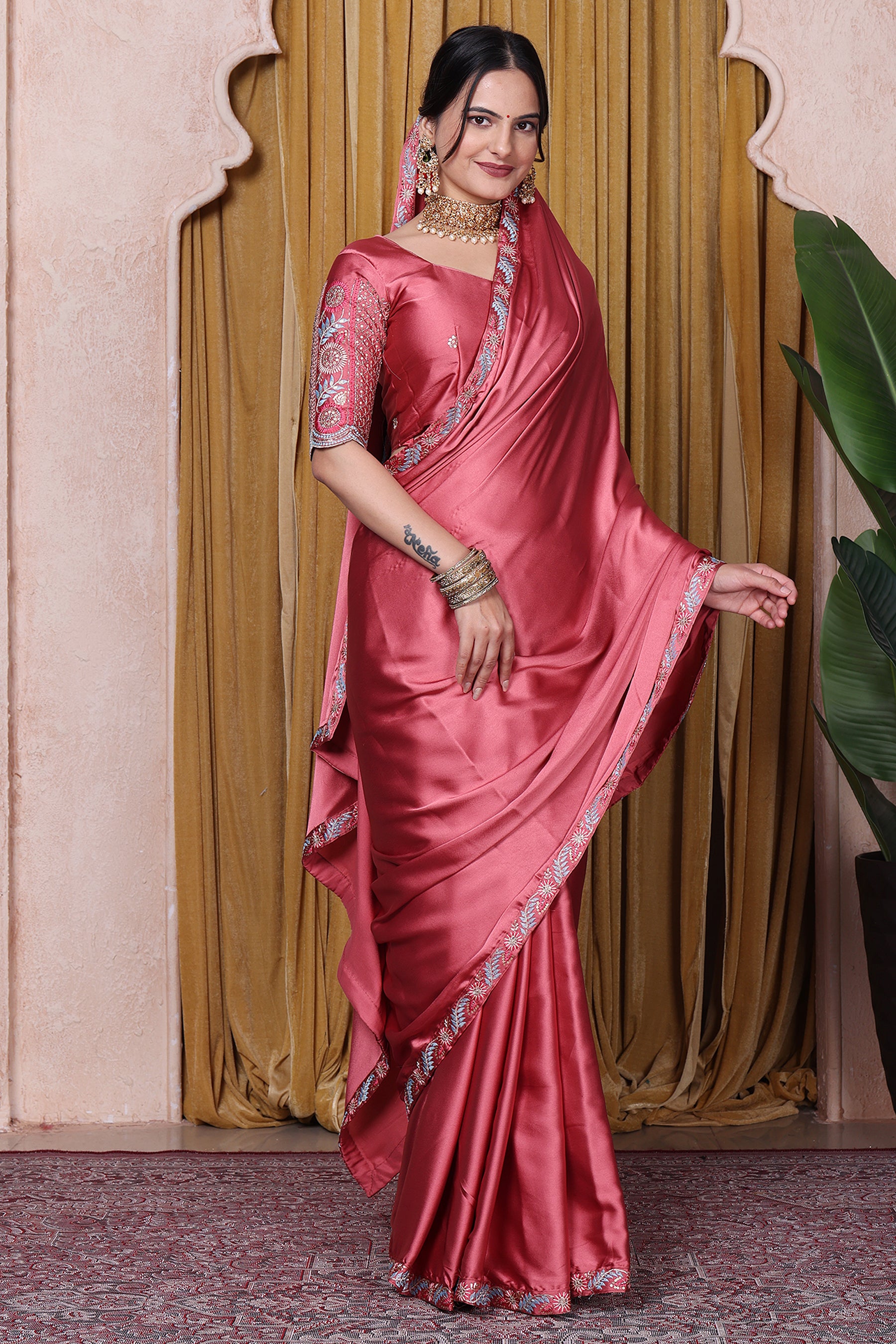 Embroidered Bollywood Satin Saree | Party Wear | Orange