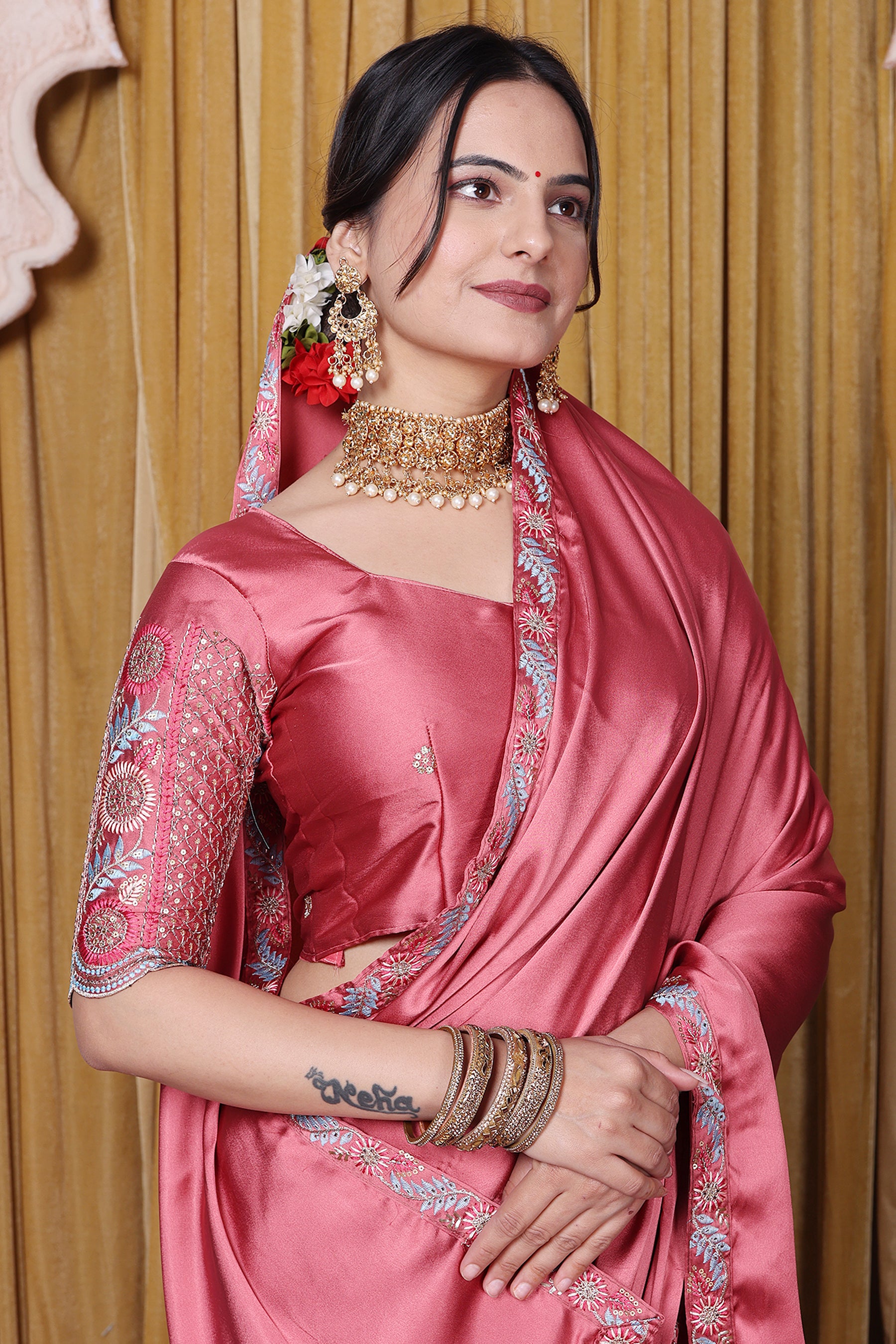 Embroidered Bollywood Satin Saree | Party Wear | Orange